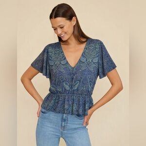 Lucky Brand Shortsleeve Vneck Peplum Top Shirt Blouse Paisley Feathers XLarge